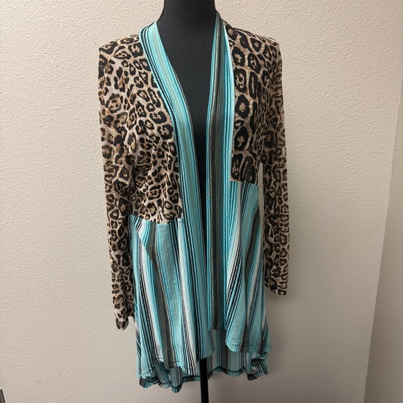 Crazy Train Leopard Serape Cardigan L Teal Western Boho Duster Open Front - Picture 2 of 7
